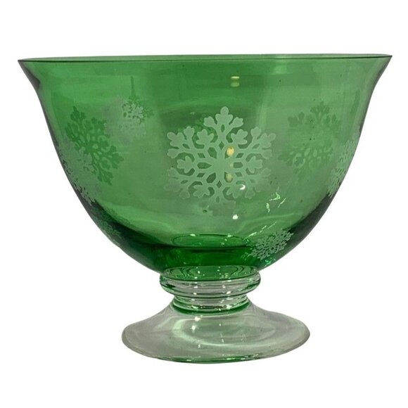 Vintage Green Glass Footed Bowl Etched Frosted Snowflakes Pedestal 7 in - Picture 1 of 10